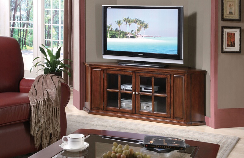 Acme 48618 Malka oak finish wood corner tv stand glass front doors