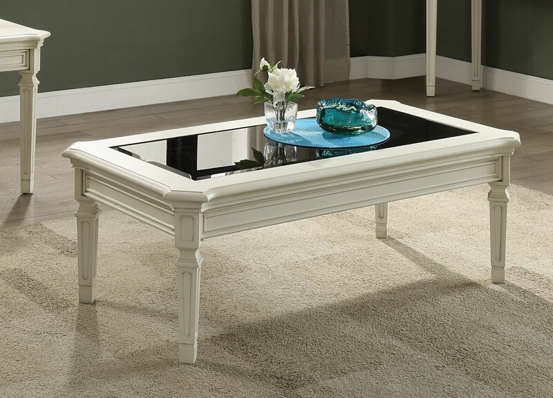 Acme 83090 Florissa antique white finish wood black glass insert coffee