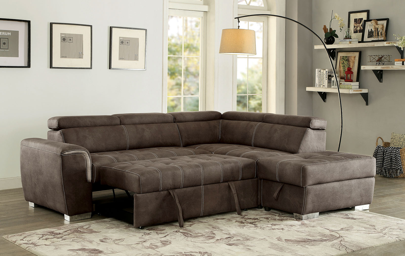 2 pc Lorna collection brown fabric upholstered sectional sofa set with