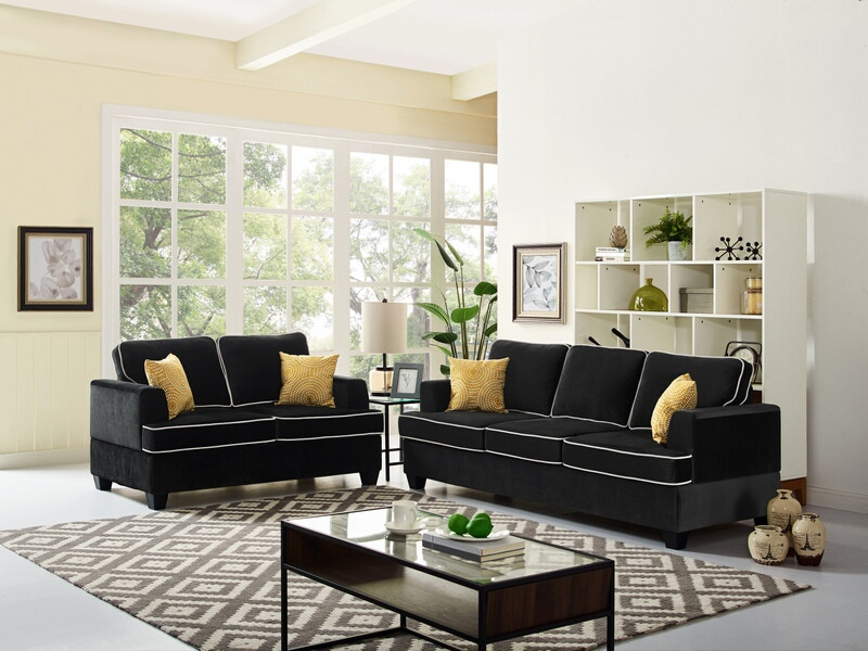 OAH D5102 2 pc Sarah black velvet like fabric sofa and love seat set