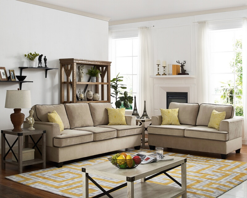 OAH D5103 2 pc Sarah beige velvet like fabric sofa and love seat set