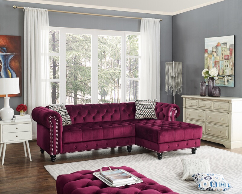 OAH D6159 2 pc Uranda wine red velvet like fabric sectional sofa tufted