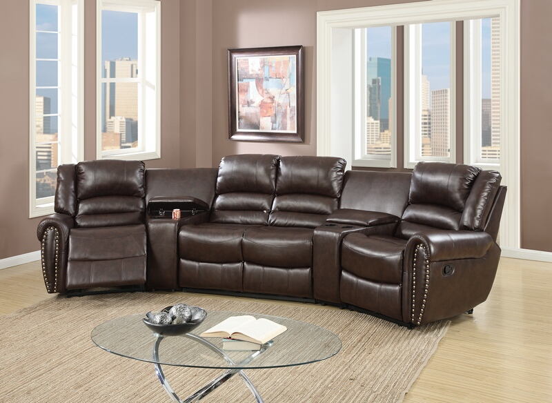 Poundex F6748 5 pc Breese collette brown bonded leather theater sectional sofa with recliners