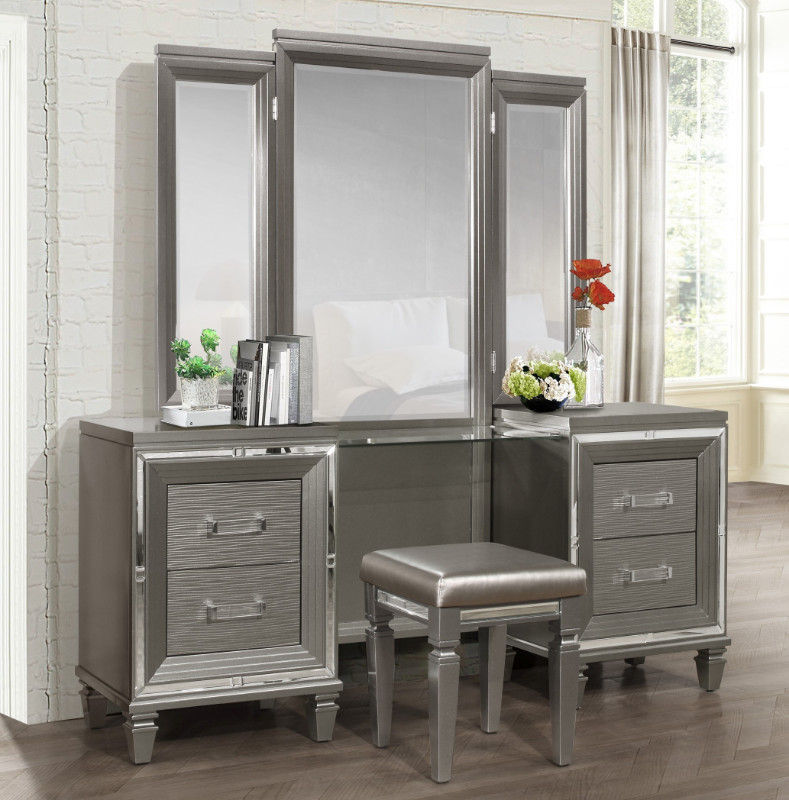 Home Elegance 1616-14-15 3 pc Allura gray finish wood bedroom make up 