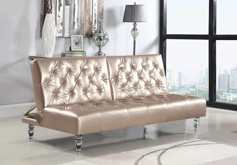 360052 Rose gold leatherette futon sofa bed with acrylic legs button