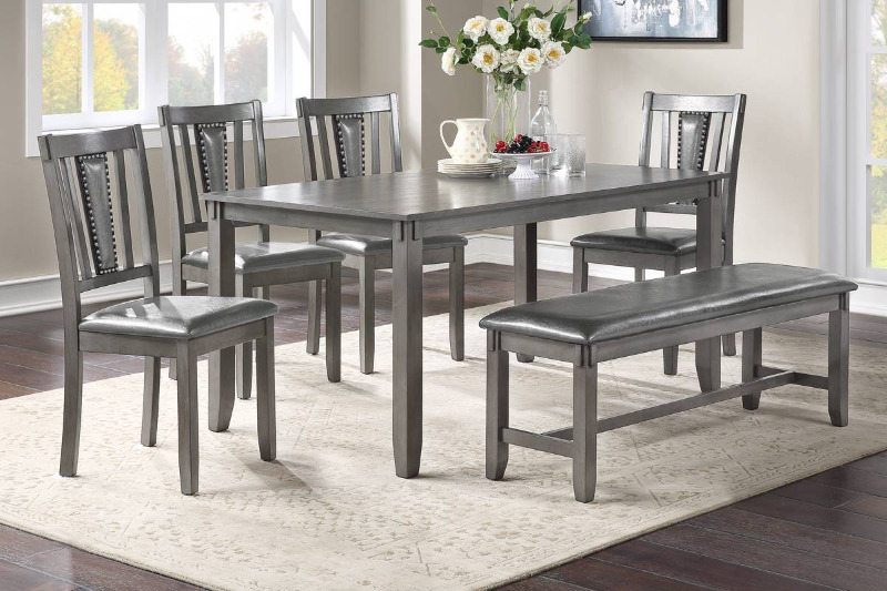 Poundex F2549 6 pc bridget ii grey finish wood dining table set padded