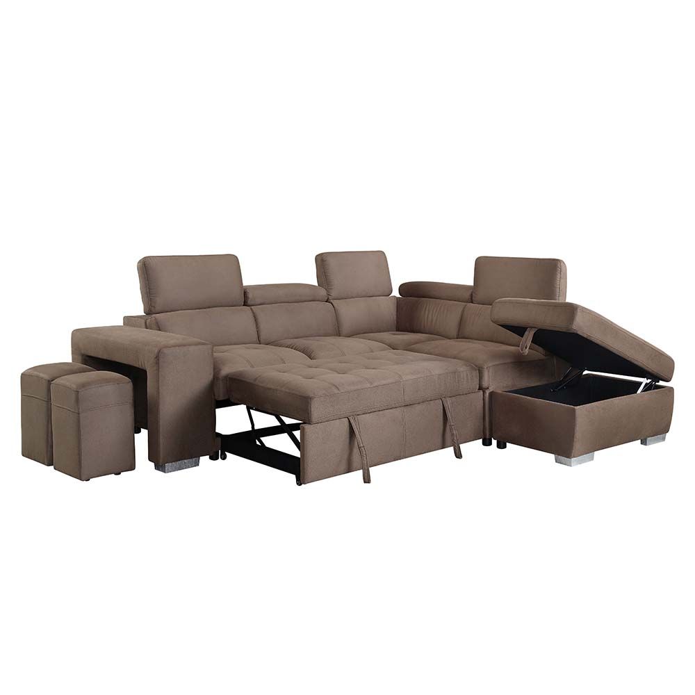 Acme LV01025 26 3 pc Acoose thelma brown textured fabric sectional sofa set with pull out sleep area and ottoman with storage AMB Furniture