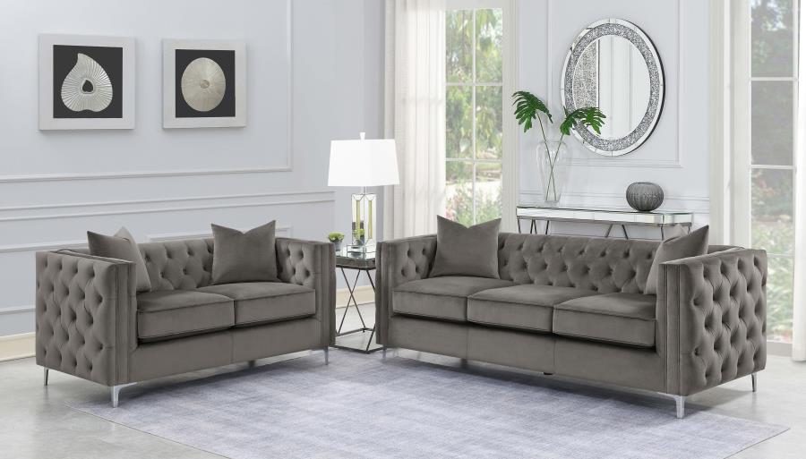Coaster 509881-S2 2 pc Phoebe urban bronze colored fabric button tufted back and arms sofa and love seat set strick and bolton