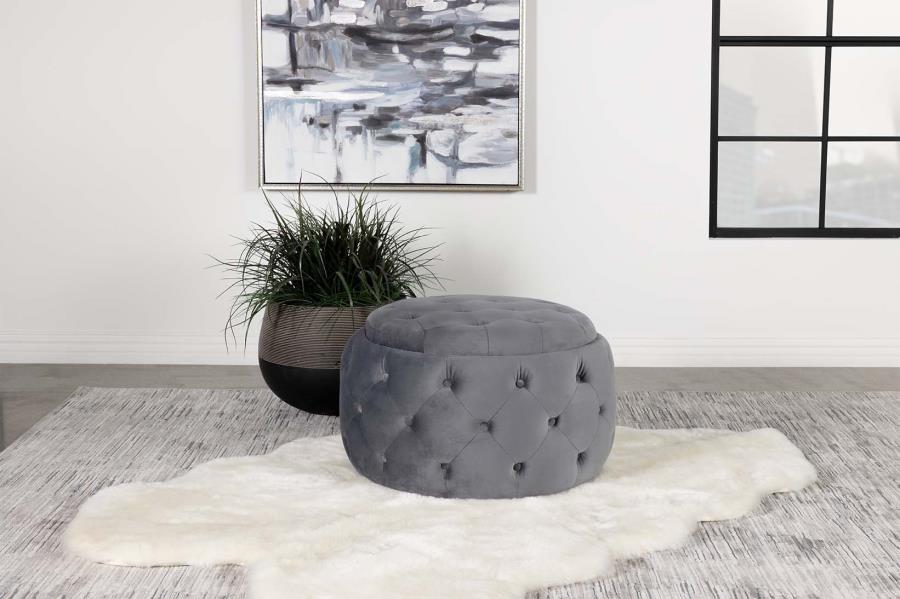 Coaster 915408 Angelina steel grey velvet fabric 27.5" round tufted storage ottoman winston porter