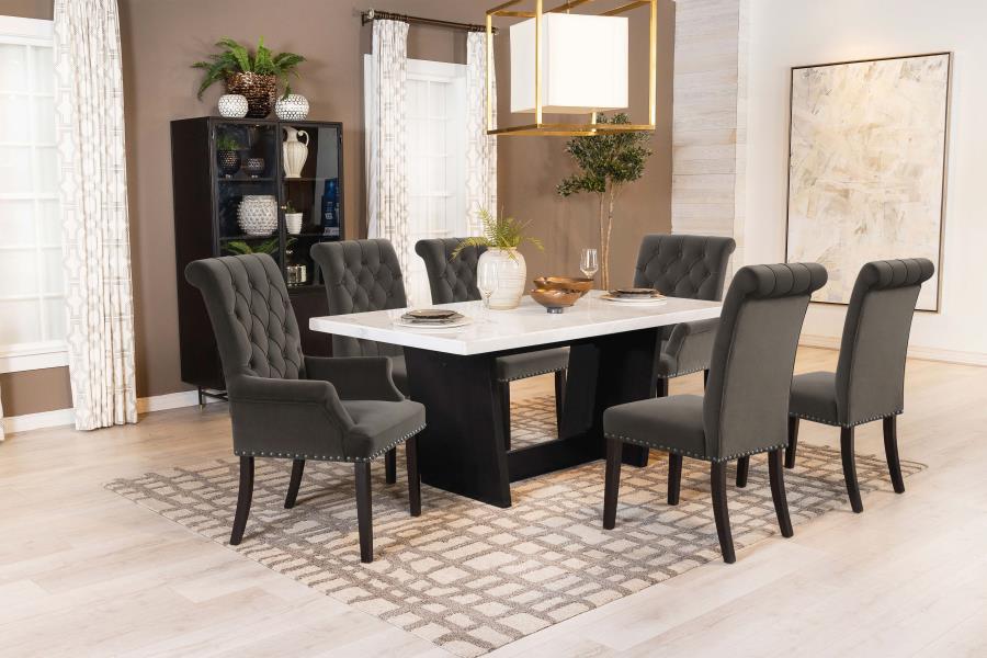 Coaster 115511-S7BV 7 pc Charlton home osborne espresso finish wood white marble top dining table set brown fabric upholstery