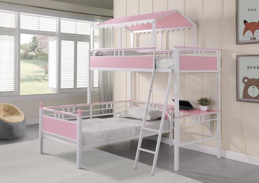 400119 Zoomie kids adcock Alexia princess white and pink finish metal playhouse style twin / twin bunk bed with workstation