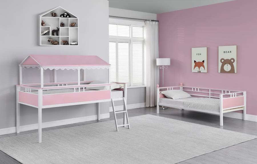 400119 Zoomie kids adcock Alexia princess white and pink finish metal playhouse style twin / twin bunk bed with workstation