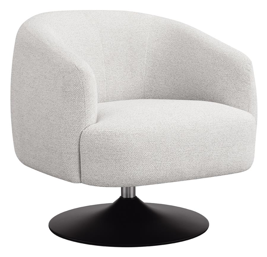 905739 Sunny beige boucle style fabric pocket coil seating swivel barrell back chair matte black metal base