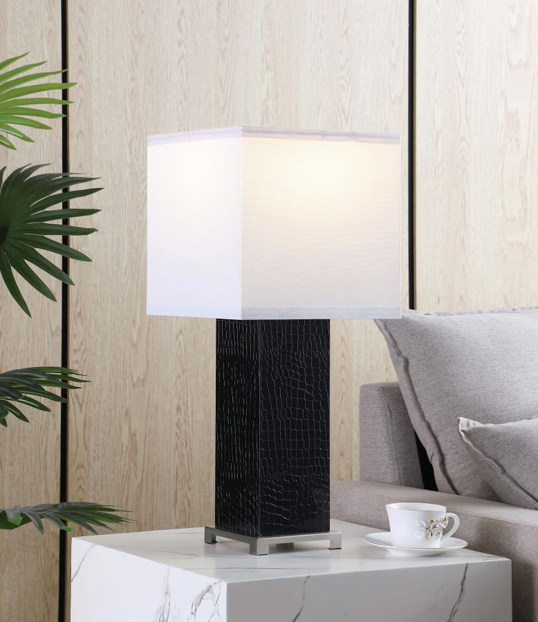 Coaster 920204 Bridle black aligator textured finish square center post mid-century modern 25.25"H table lamp white square shade