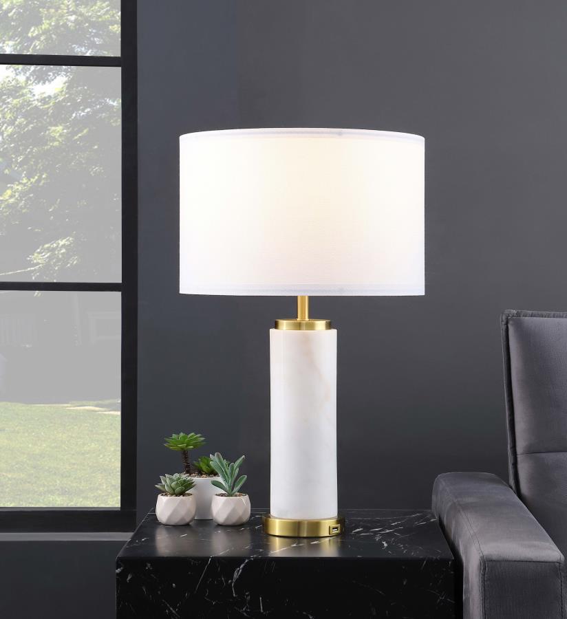 Coaster 920208 Lucius white faux marble finish center post mid-century modern 25"H table lamp white barrel shade built in USB plug