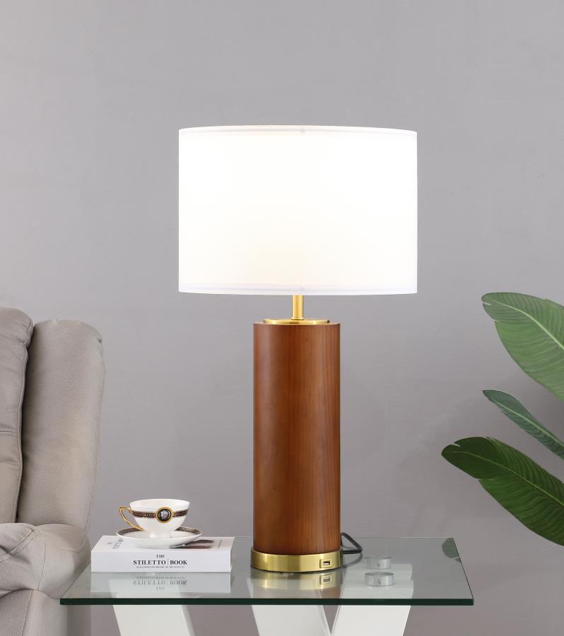 Coaster 920209 Aziel brown finish center post mid-century modern 27.5"H table lamp white barrel shade built in USB plug
