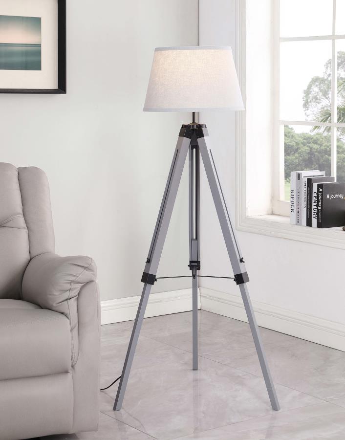 Coaster 920212 Dayton grey metal finish tripod adjustable height 56"H floor lamp white shade