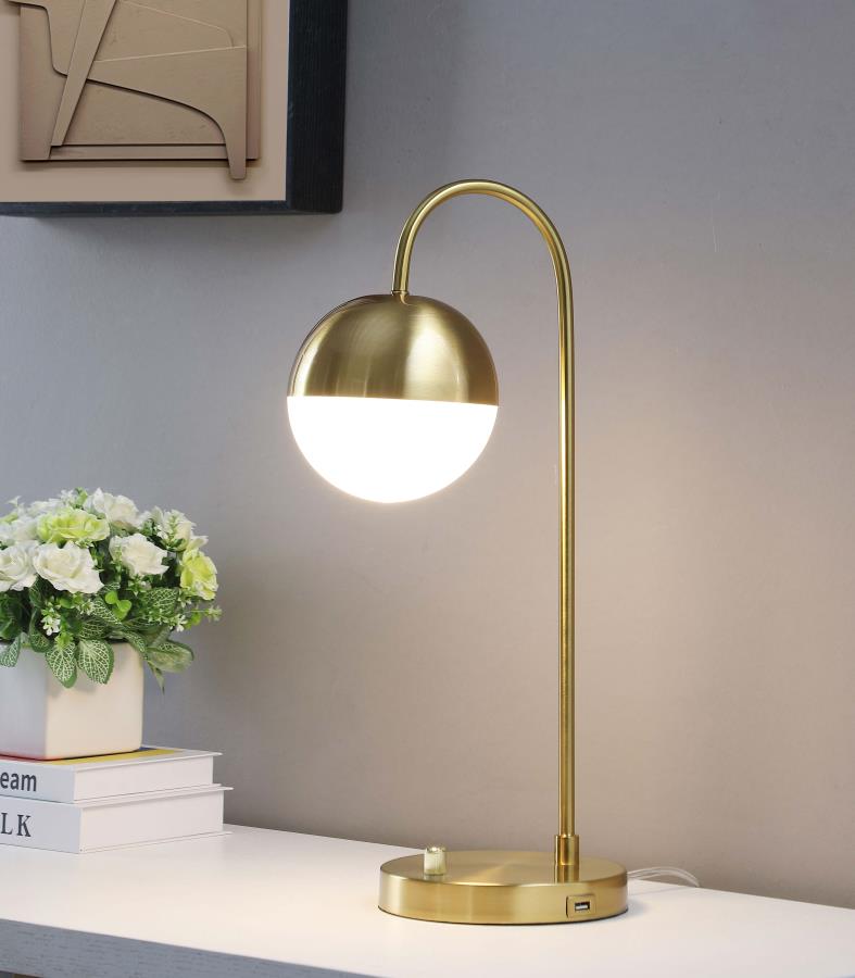 Coaster 920216 Yamileth satin gold finish metal 21"H table lamp round white lamp ball shade USB plug