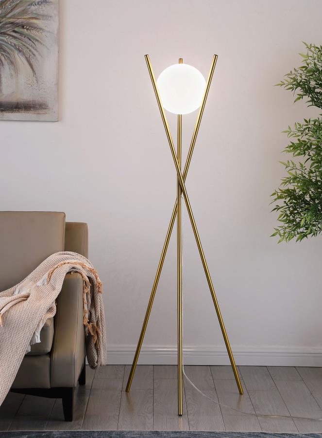 Coaster 920218 Yamileth 3 round metal pole satin gold finish metal 65"H floor lamp floating look white lamp ball shade