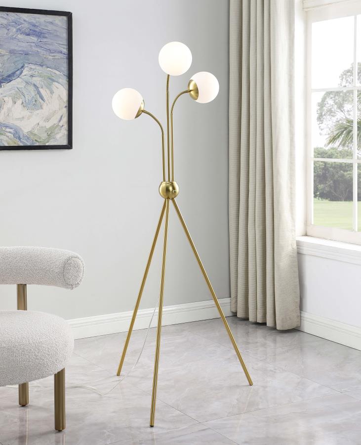 Coaster 920293 Miley satin gold finish metal 3 round white bulbs 66"H floor lamp