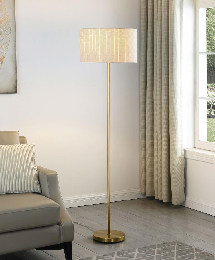 Coaster 920303 Ramiro satin gold finish metal and beige woven fabric round lamp shade 65"H floor lamp