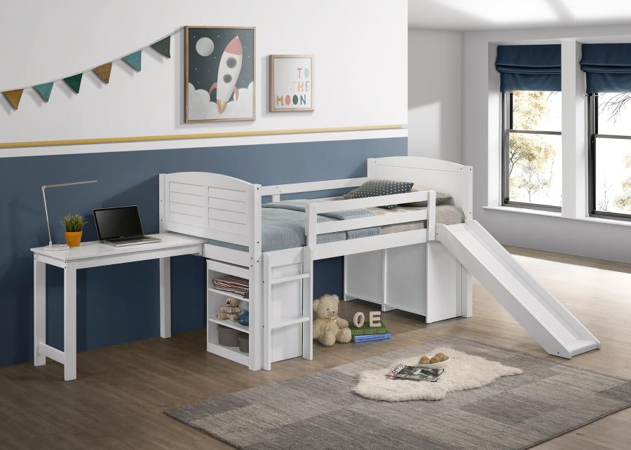 400330T Harriet bee Millie white finish wood twin loft bed with lower storage area , desk and slide