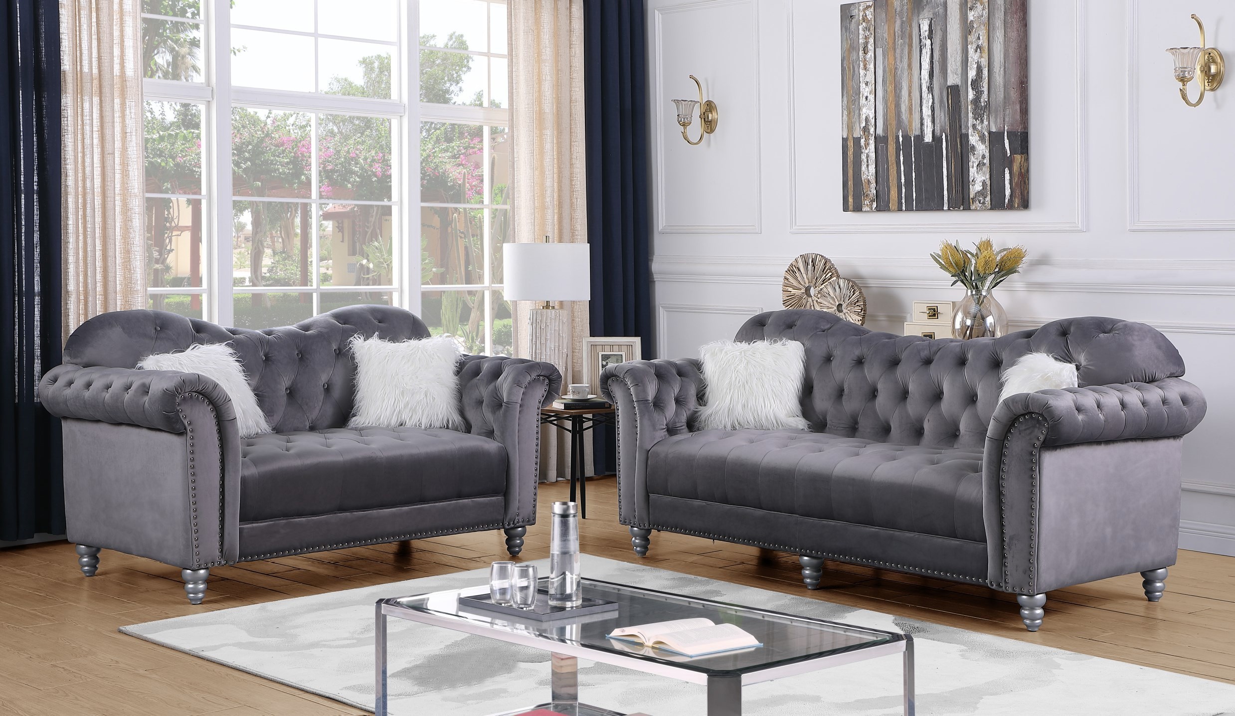 SF7141 2 pc grey velvet like fabric camel back style sofa and love seat set with nail head trim
