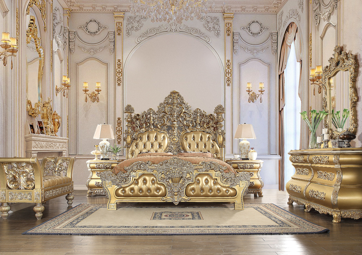 Acme BD00451EK 4 pc Astoria grand seville gold finish wood ornately carved tan faux leather headboard Eastern king bedroom set. ***March Madness Sale Going On Now*** Discounted Price When You Add To Cart up to 35% off.Click Acima Leasing Easy Lease and Application Process at ambfurniture.com