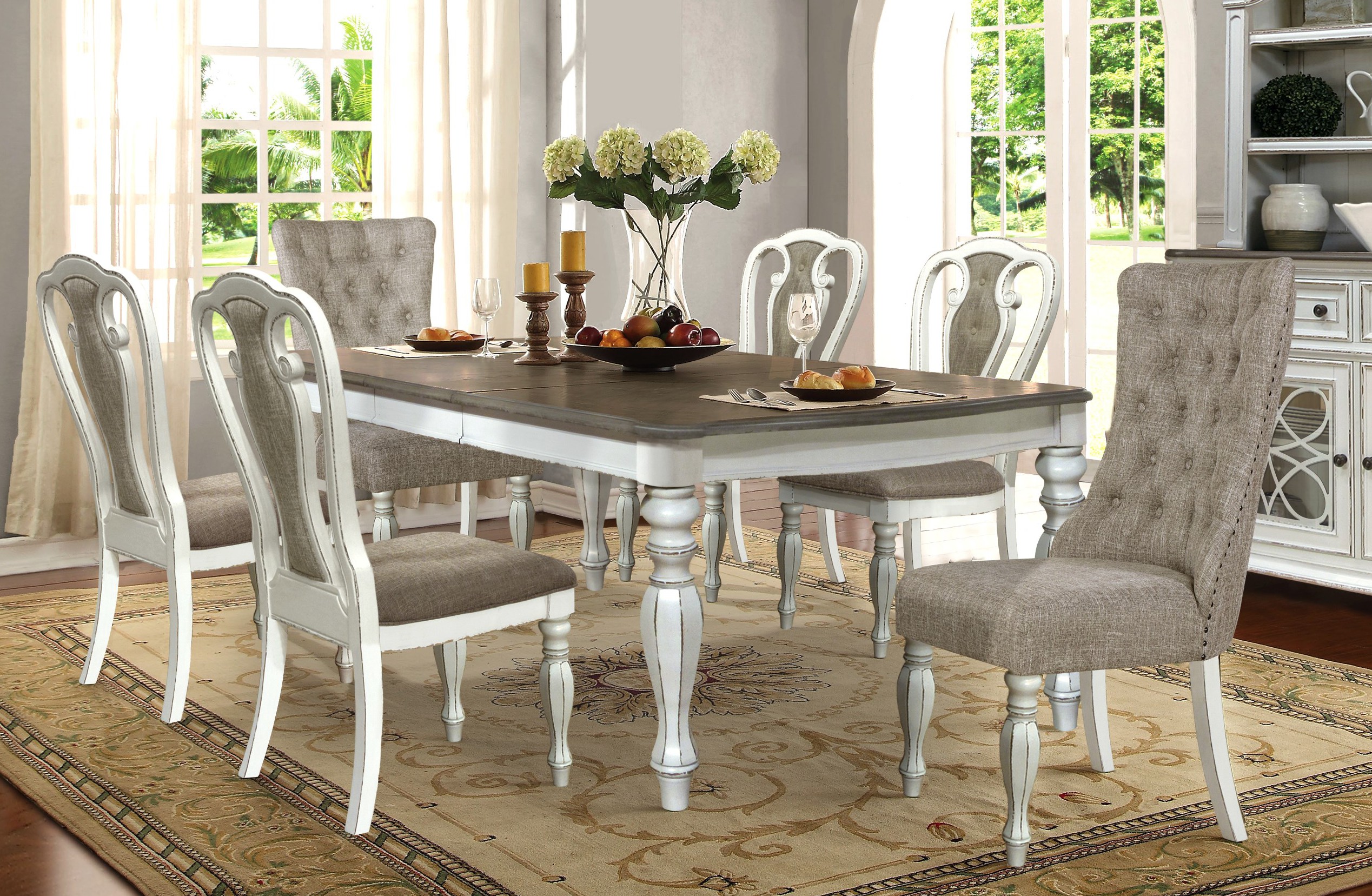 Mc Ferran D738-7PC 7 pc Martha country style antique white finish wood rub thru accents dining table set. ***End Of Summer Sale Going On Now***Discounted Price When You Add To Cart up to 35% off. Click Acima Leasing Easy Lease and Application Process at ambfurniture.com