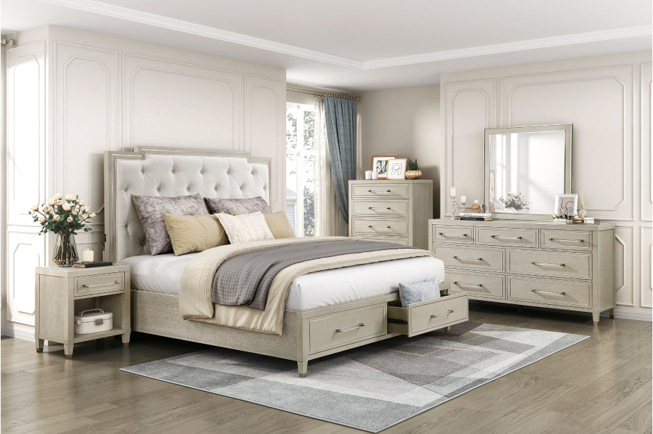 1312-4PC 4 pc Genoa light oak finish wood tufted ivory chenille fabric  queen bedroom set storage drawers in footboard