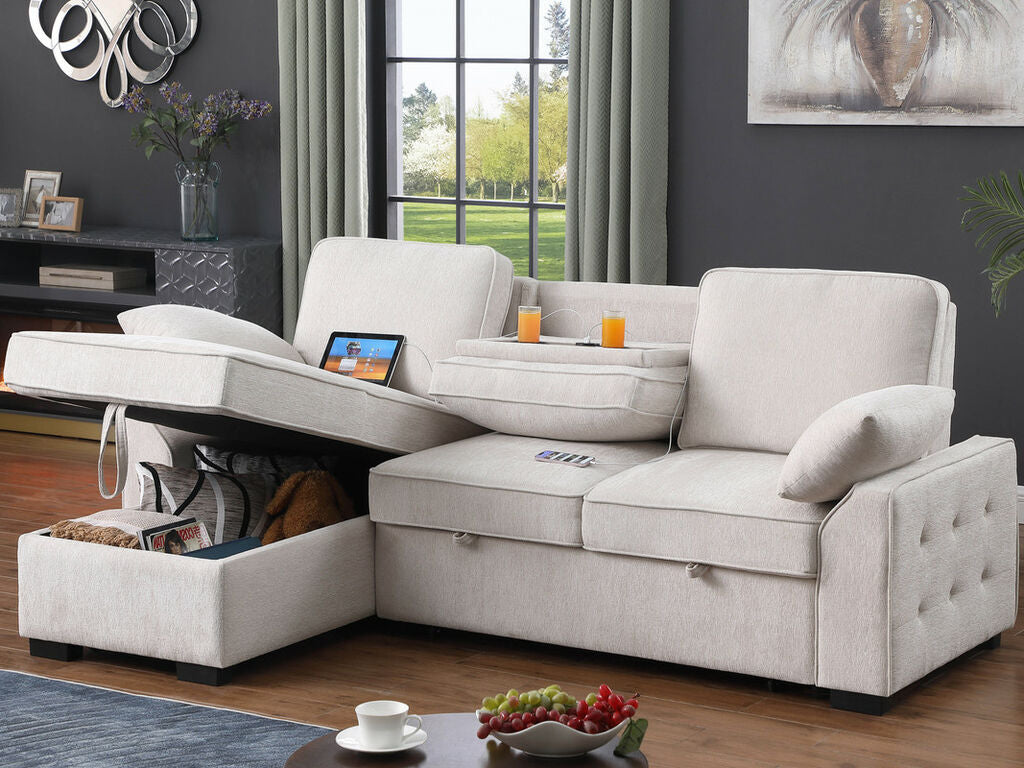 81442 Mackenzie Beige Chenille Convertible Sectional Sofa with Storage & USB Charging – AMB Furniture and Design