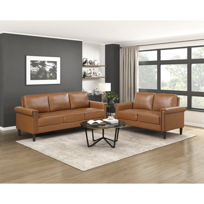 Brown Faux Leather Sofa & Loveseat Set – Nailhead Trim – 8389BRW