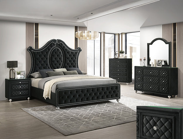 Crown Mark Cameo Black Panel Bedroom Set | Ornate Home Queen / 4-Piece (Bed, Dresser, Nightstand and Mirror)