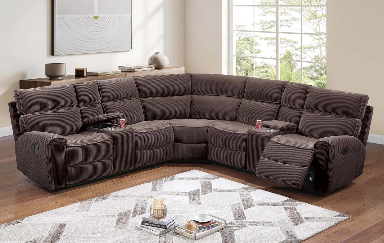 F8140 3-Pc Chocolate Brown Corduroy Sectional Sofa with Recliners