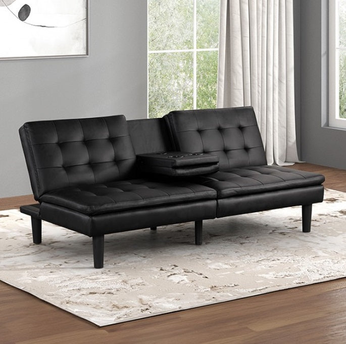 FM2908BK Eidsberg Black Faux Leather Folding Futon Sofa Bed Cup