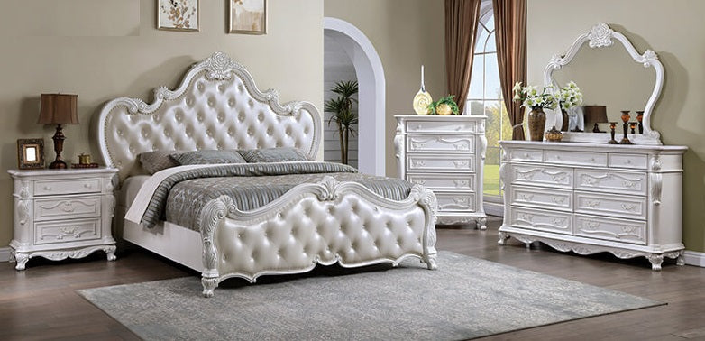 FM7635WH-4PC 4 pc Ventresca white finish wood ornate carved tufted