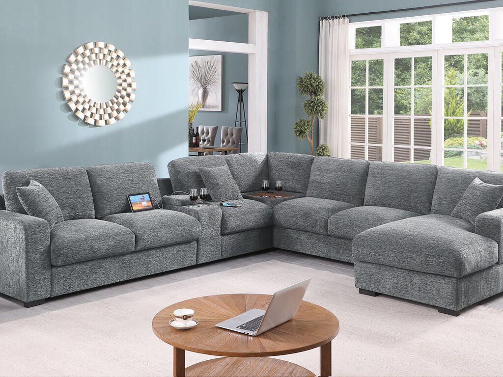 89297 Celine 6pc Light Grey Chenille Modular Sectional Sofa USB