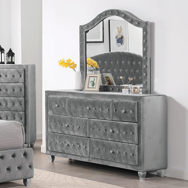 grey suede dresser FM7150GY-D Rosdorf park neilsen Zohar grey padded and tufted velvet dresser  with crystal handles