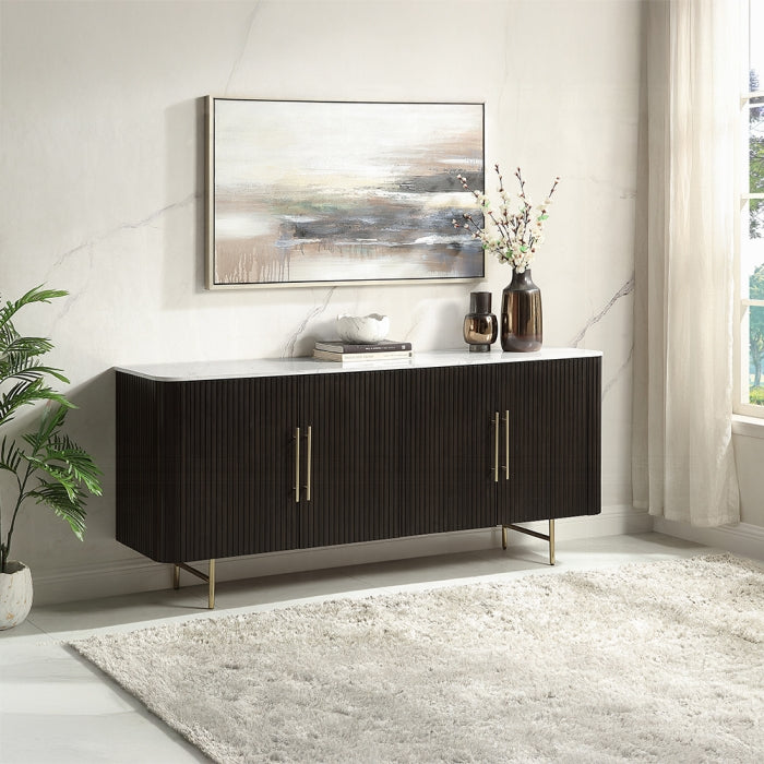 DN03943 Espresso Wood Real Marble Top Ribbed Gold Trim Dining