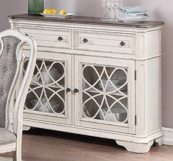 F6001 Distressed White Two-Tone Wood Dining Server Buffet Console