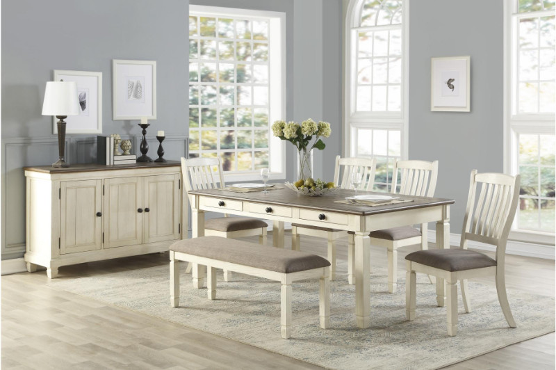 Home Elegance He 5627w 72 6pc 6 Pc, White And Brown Dining Room Set With Bench
