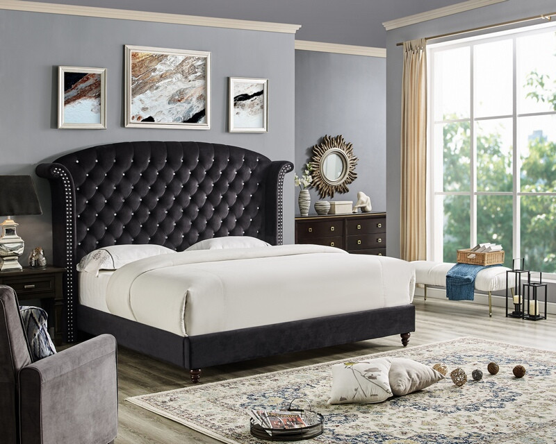OAH D3030 Sterling black velvet like fabric queen tufted bed frame set