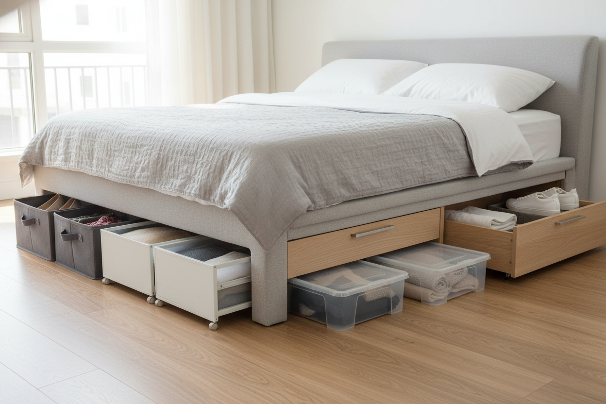 Modern storage solutions for bedrooms featuring under-bed drawers and organizers for a clutter-free space