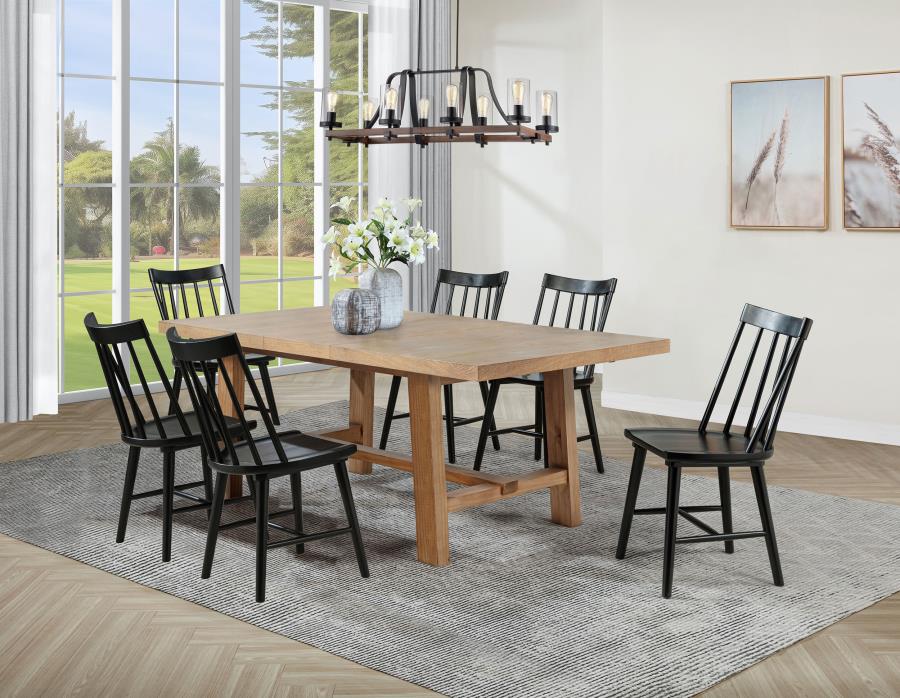 Coaster 108540-S7B  7 pc Middleton natural brown finish wood modern farmhouse dining table set black spindle back chairs