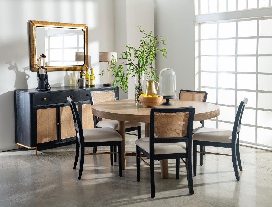 Coaster 108930-S7B 7 pc Arini sand wash finish wood 60" round dining table set cream fabric chairs black frames