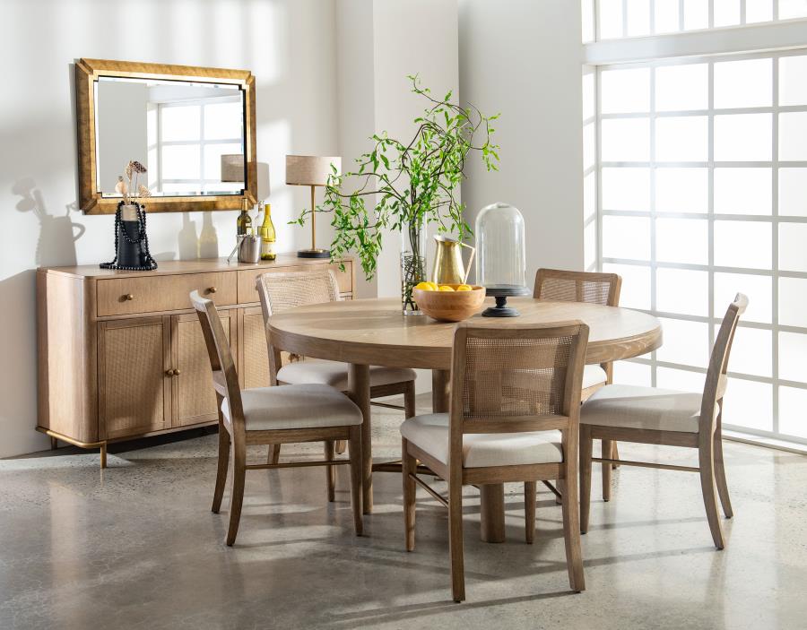 Coaster 108930-S7W 7 pc Arini sand wash finish wood 60" round dining table set cream fabric chairs