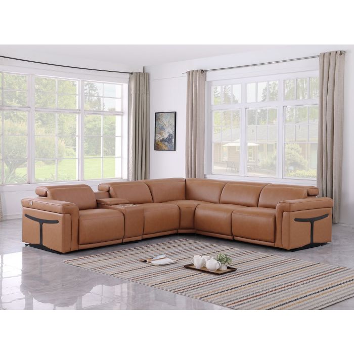 Global United DivanItalia Cognac Italian Leather 6-Piece Power Reclining Sectional Sofa with Power Adjustable Headrests and Console – 1126CG-6PC