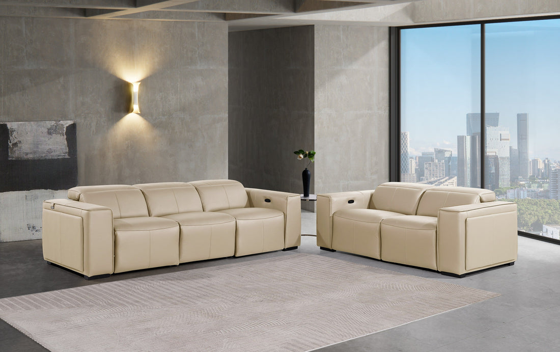 Global United 1224BG-2PC 2 pc DivanItalia beige italian leather power reclining sofa and love seat power adjustable headrests