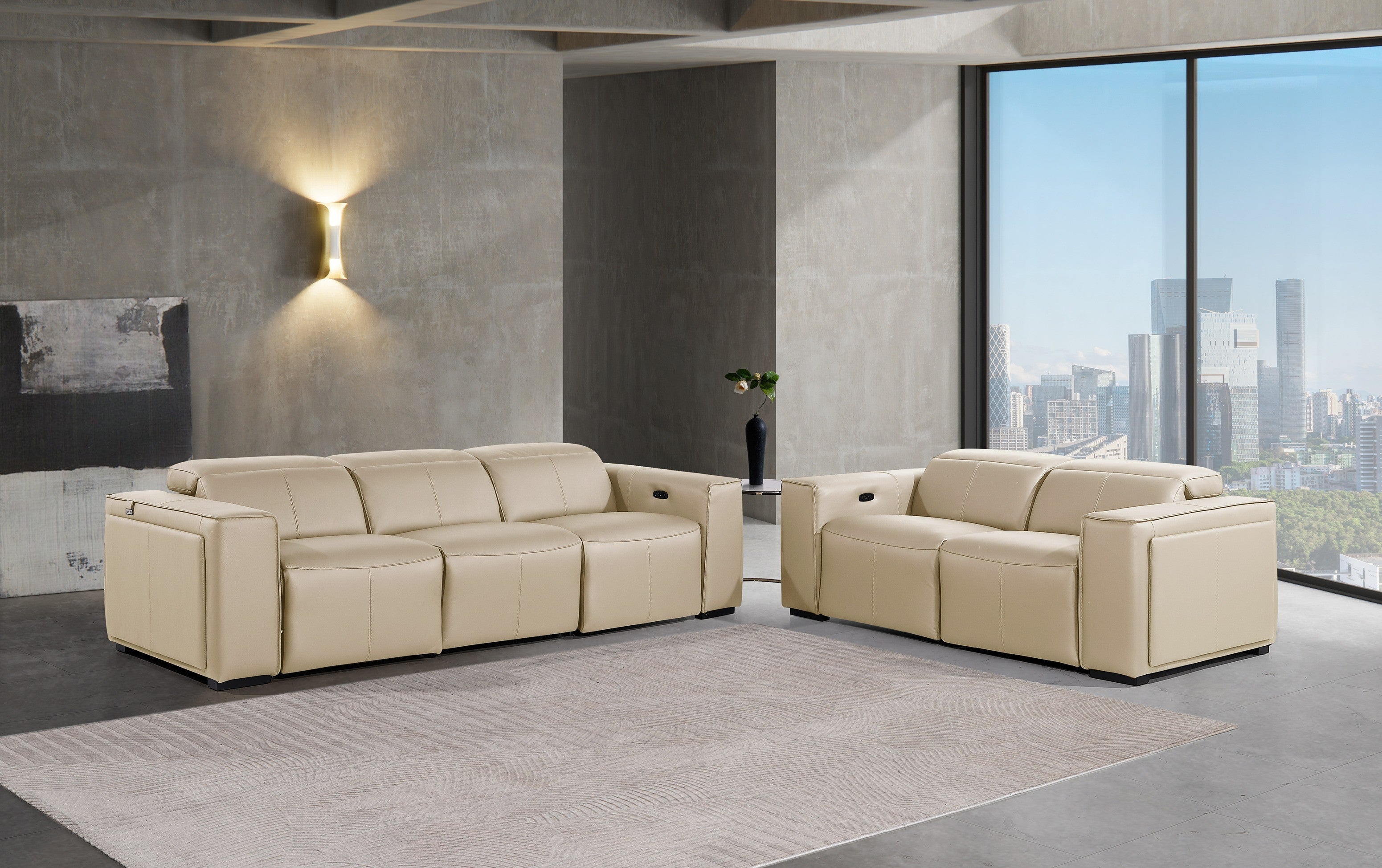 Global United 1224BG-2PC 2 pc DivanItalia beige italian leather power reclining sofa and love seat power adjustable headrests