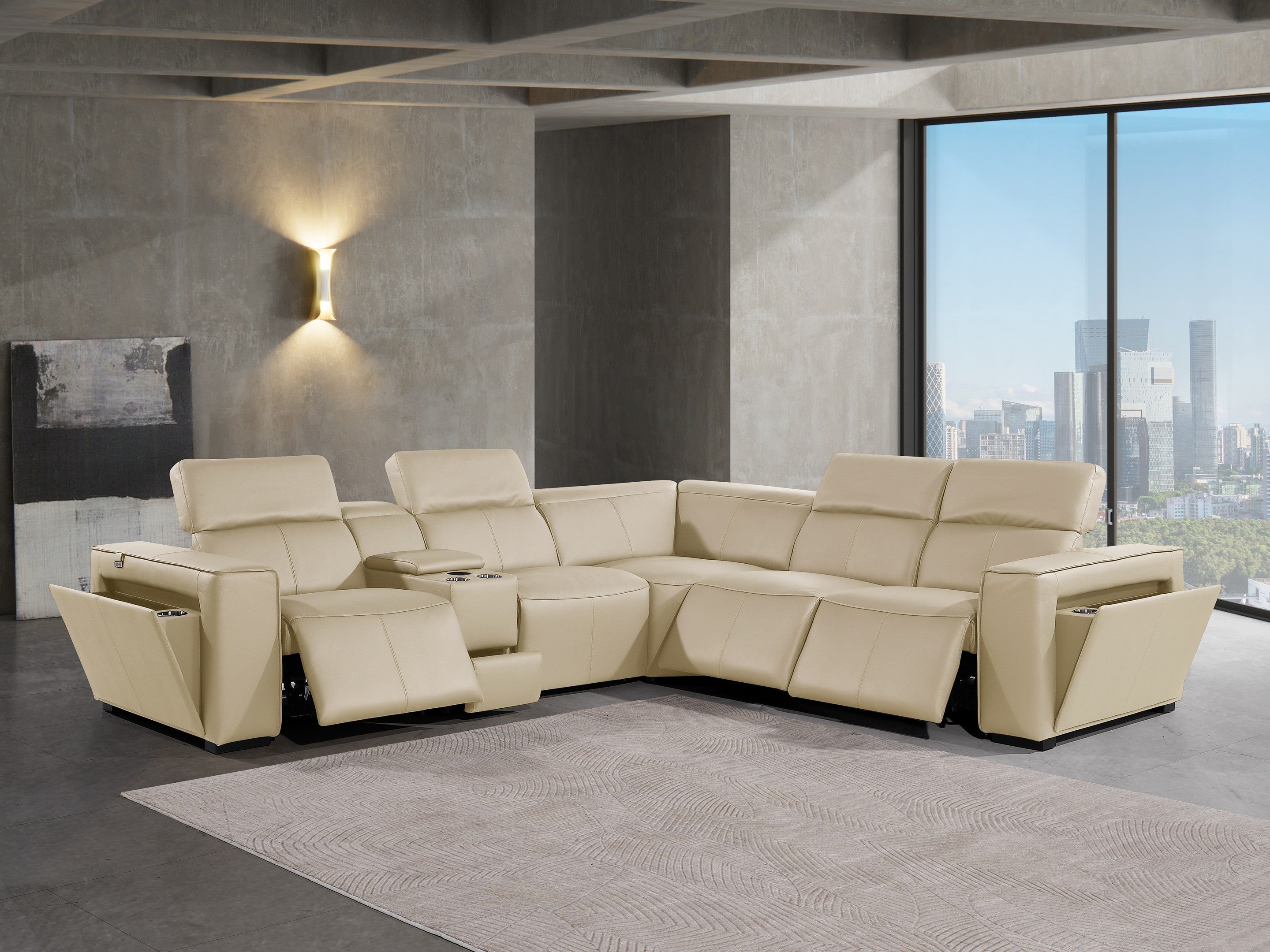 Global United 1224BG-6PC 6 pc DivanItalia beige italian leather power reclining sectional sofa power adjustable headrests